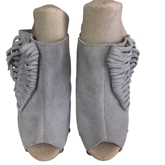 Sbicca Gray Suede Peep-Toe Fringe Wedge Sandals 5” Wooden Heel Size 10 M Boho - Picture 1 of 16